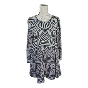 Papillon Black Gray Geometric Print Long Sleeve A-line Dress S